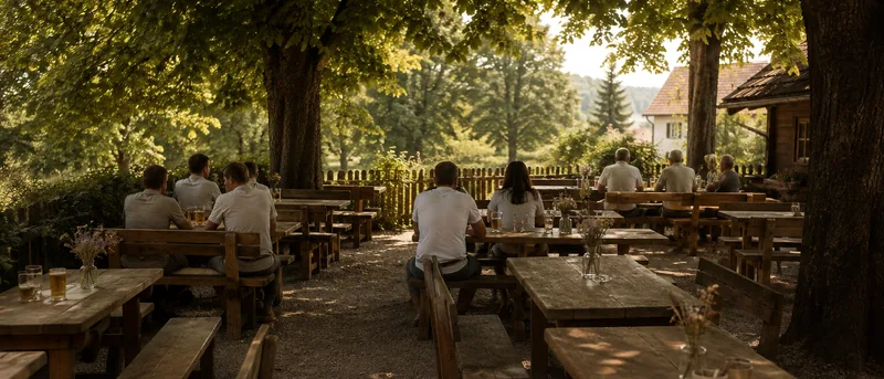 Biergarten mit Gästen an Holztischen unter Kastanien