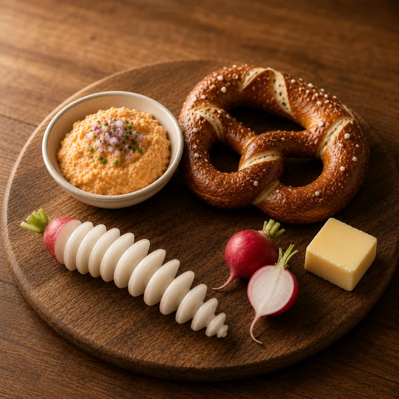 Holzbrett mit Obatzda, Brezn, Radi und Radieschen