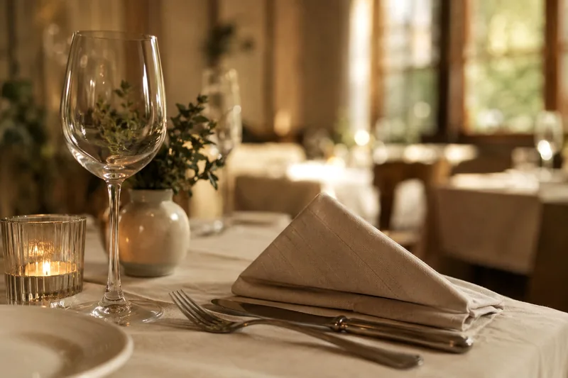 Gedeckter Tisch mit Leinendecke, Kerze und Weinglas
